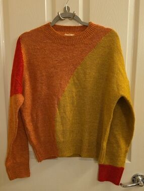 Hem & Thread Color Block Oversized Sweater Rust Mustard Red Boho